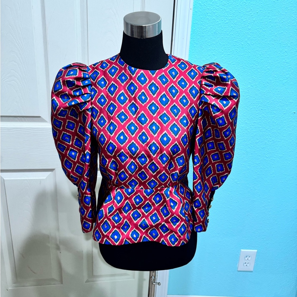HUNTER BELL Pink and Blue Diamond Puff Sleeve Blouse